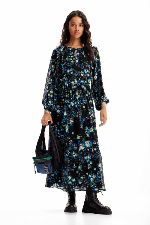 Desigual Floral Plumetis Midi Dress in Black - Arielle Clothing