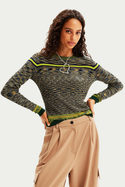 Desigual Fine Knit Mottled Sweater in Military Green - Arielle Clothing