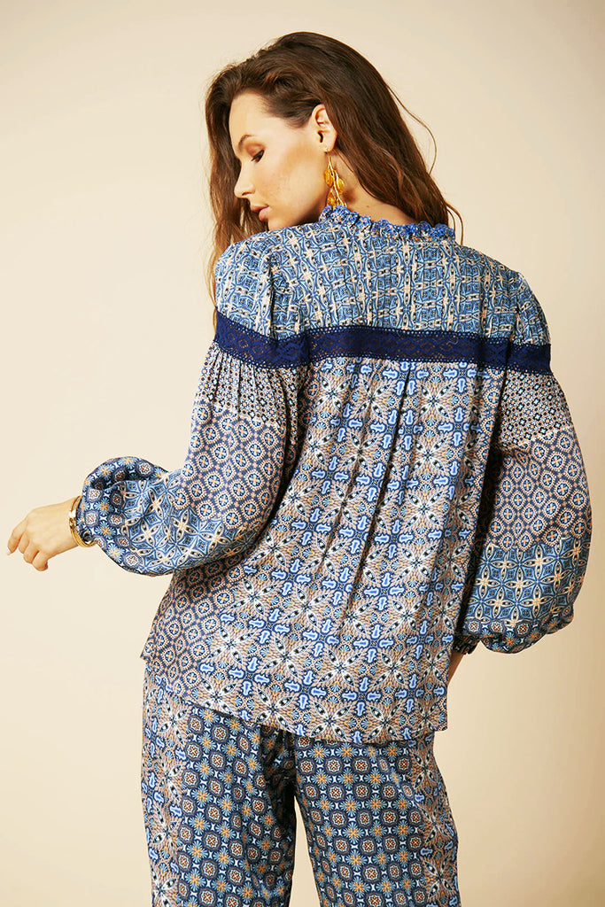 Hale Bob Adelaide Crochet Trim Top in Blue - Arielle Clothing