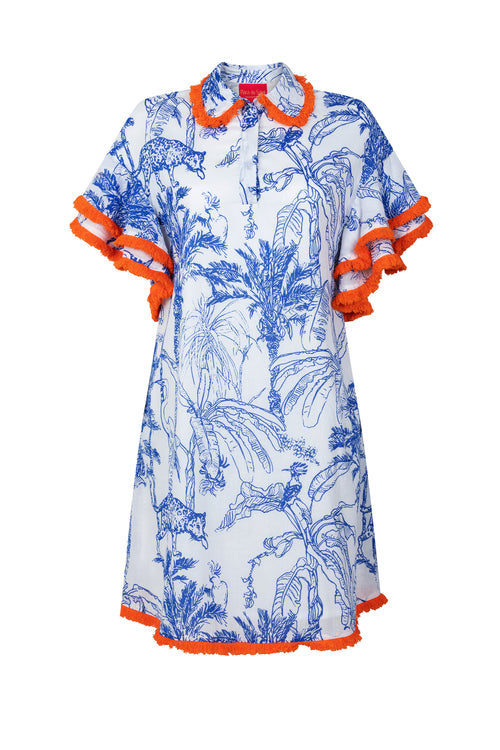 Place du Soleil Palm Print Dress in White/Azure - Arielle Clothing