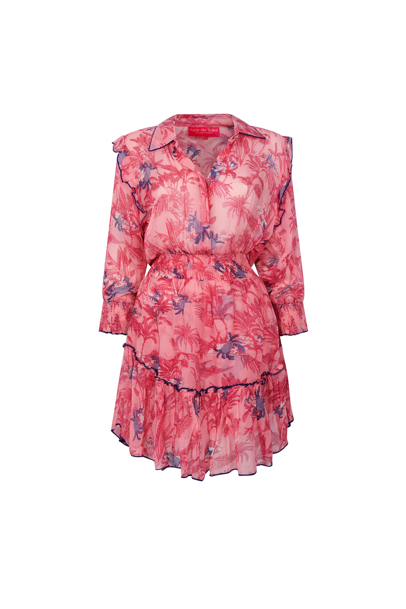 Place du Soleil Short Chiffon Frill Dress in Pink/Multi - Arielle Clothing