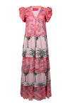 Place du Soleil Palm Print Long Tiered Dress in PInk - Arielle Clothing