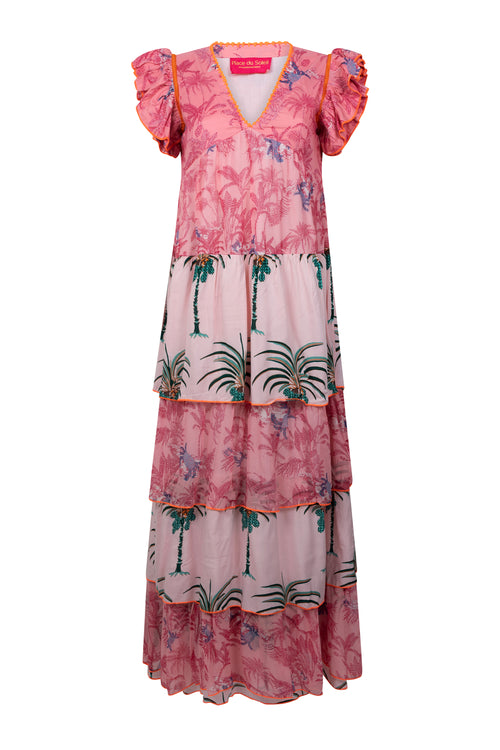 Place du Soleil Palm Print Long Tiered Dress in PInk - Arielle Clothing