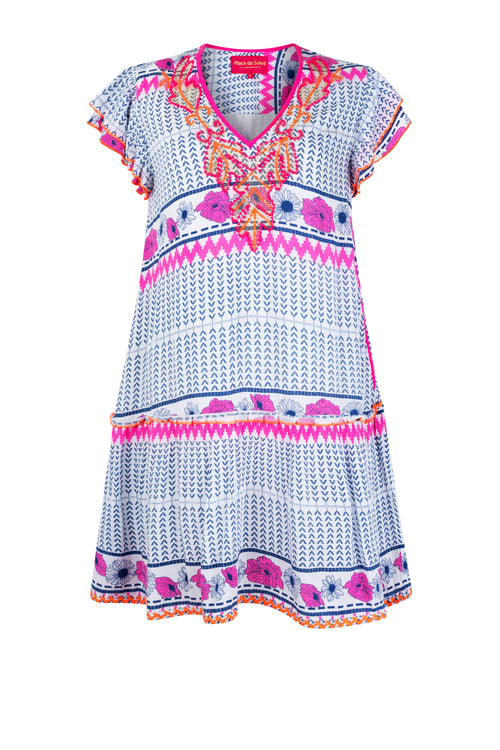 Place du Soleil 114 Printed Shift Dress in White/Blue - Arielle Clothing