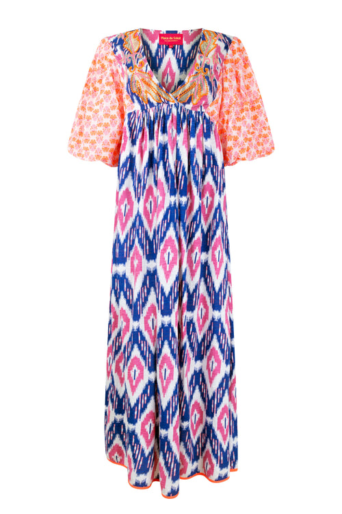 Place du Soleil 134 Cotton Ikat Maxi Dress in Blue - Arielle Clothing