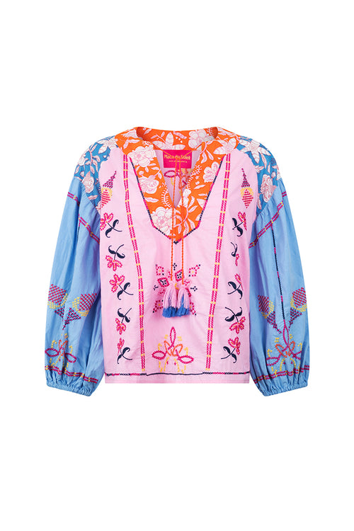 Place du Soleil 301 Cotton Embroidered Blouse in Pink/Blue - Arielle Clothing