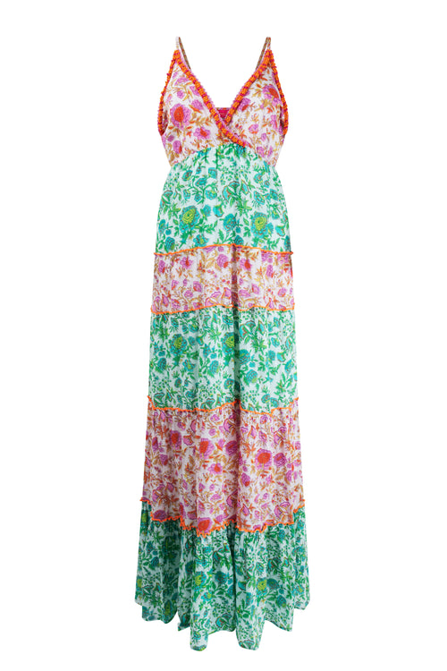 Place du Soleil 436 Cotton Tiered Maxi Dress in Green/Pink - Arielle Clothing