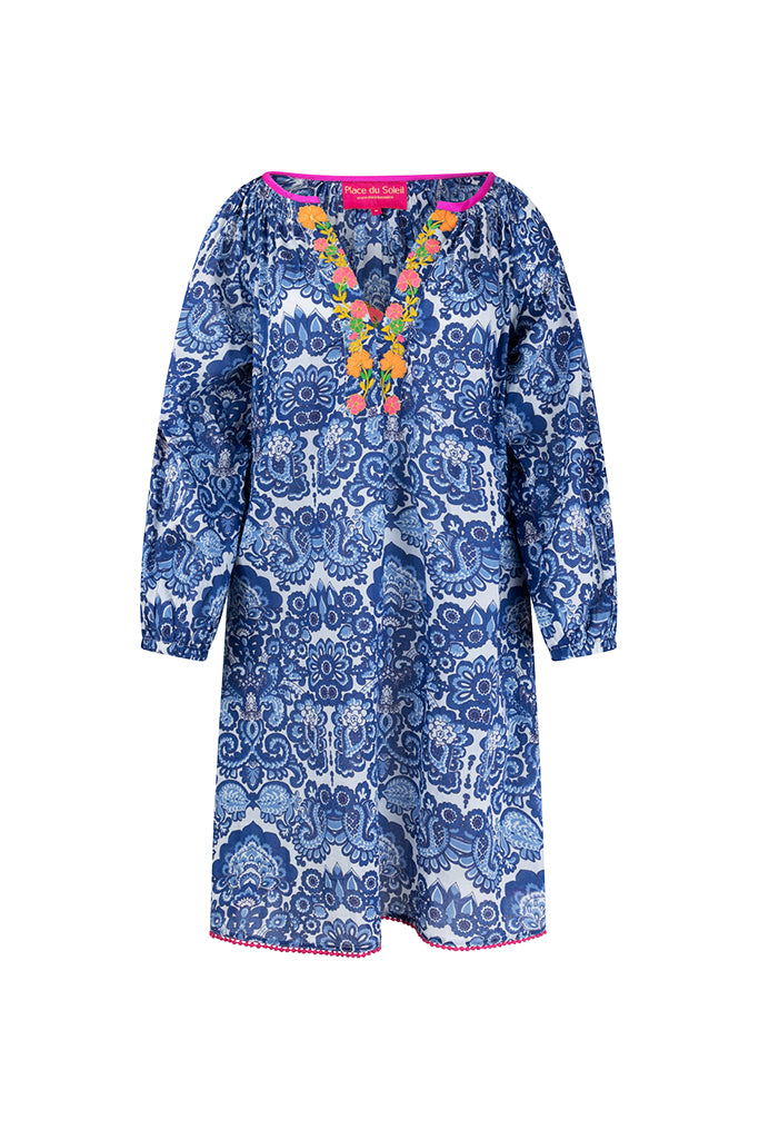 Place du Soleil 438 Cotton Kaftan Dress in Blue - Arielle Clothing