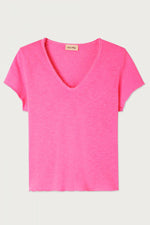 American Vintage Son02AG Short Sleeve V Neck Tee in Fluoro Acid Pink - Arielle Clothing