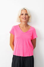 American Vintage Son02AG Short Sleeve V Neck Tee in Fluoro Acid Pink - Arielle Clothing