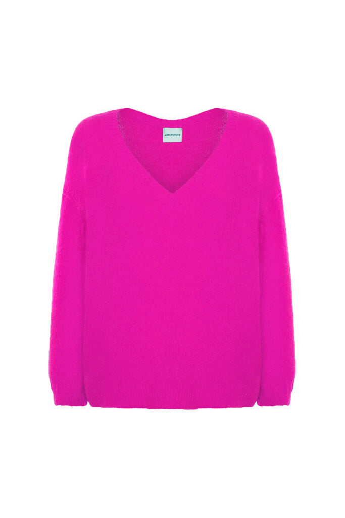 Americandreams Silja V Neck Mohair Sweater in Neon Pink - Arielle Clothing