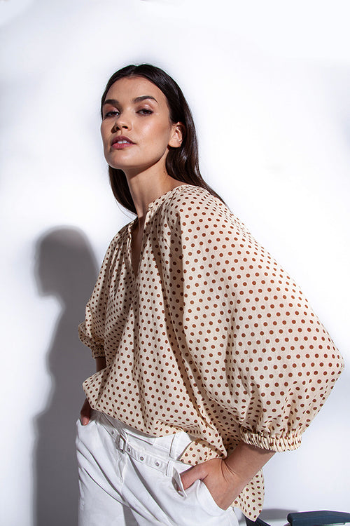 Funky Staff Raquel Dots Blouse in Natural/Nut - Arielle Clothing