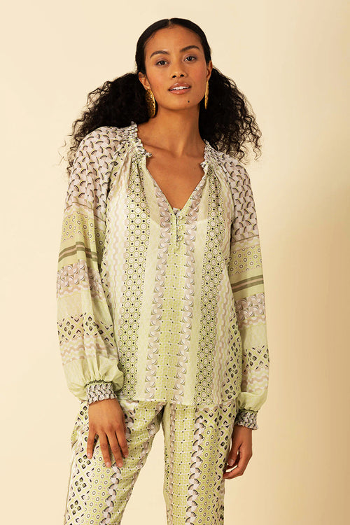 Hale Bob Megan Voile Long Sleeve Blouse in Olive - Arielle Clothing