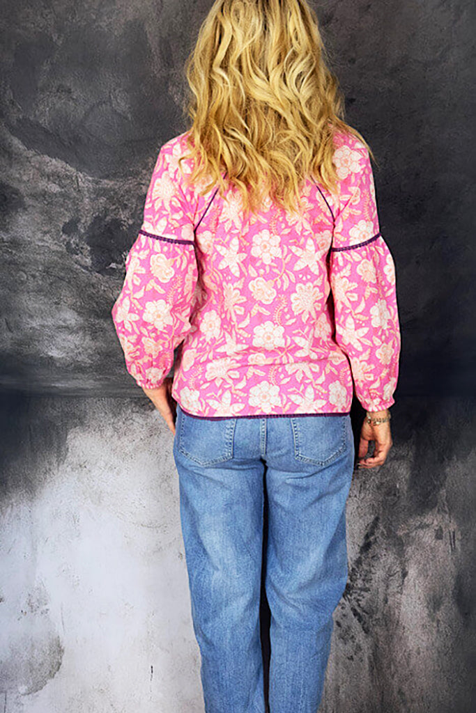 Place du Soleil 334 Cotton Floral Blouse in Pink - Arielle Clothing