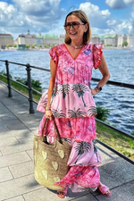 Place du Soleil Palm Print Long Tiered Dress in PInk - Arielle Clothing