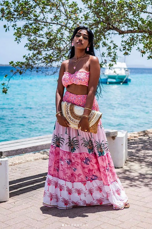 Place du Soleil Palm Print Maxi Skirt in Pink - Arielle Clothing