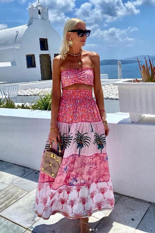 Place du Soleil Palm Print Maxi Skirt in Pink - Arielle Clothing