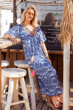 Place du Soleil 427 Cotton Printed Maxi Dress in Blue - Arielle Clothing