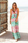 Place du Soleil 436 Cotton Tiered Maxi Dress in Green/Pink - Arielle Clothing