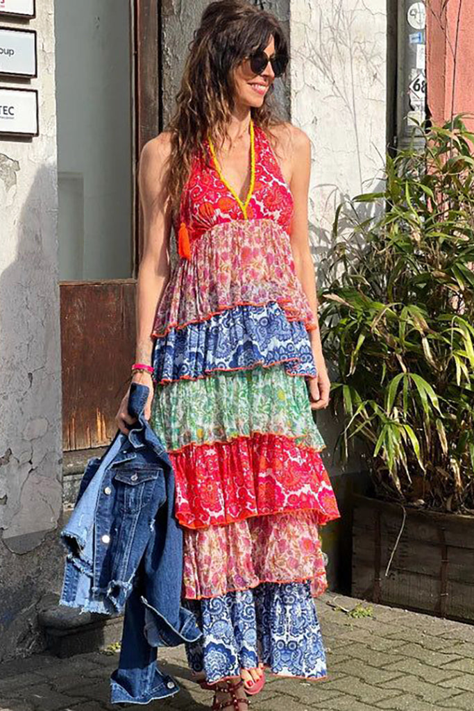 Place du Soleil 439 Tiered Maxi Dress in Multi - Arielle Clothing