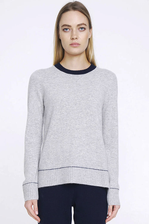 Aleger Cashmere Contrast Collar Crew Neck Sweater in Polar Grey - Arielle Clothing