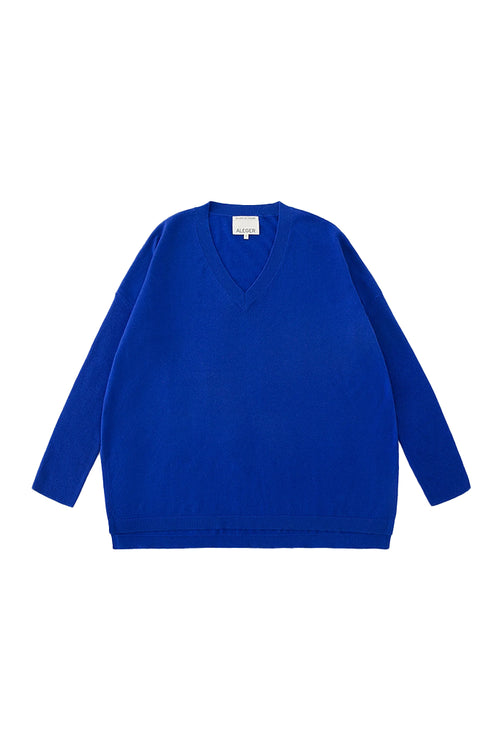 Aleger Cashmere Fine Knit V Neck Sweater in Cobalt - Arielle Clothing
