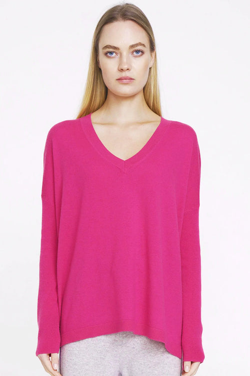 Aleger Cashmere Fine Knit V Neck Sweater in Passion Pink - Arielle Clothing