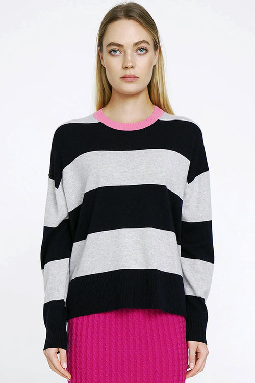 Aleger Cashmere Contrast Stripe Crew Neck Sweater in Navy - Arielle Clothing