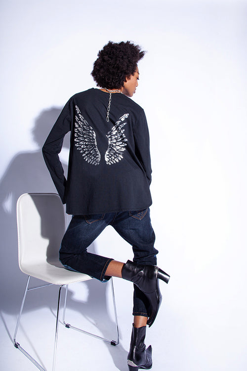 Funky Staff Lea Wings Long Sleeve Tee in Black - Arielle Clothing